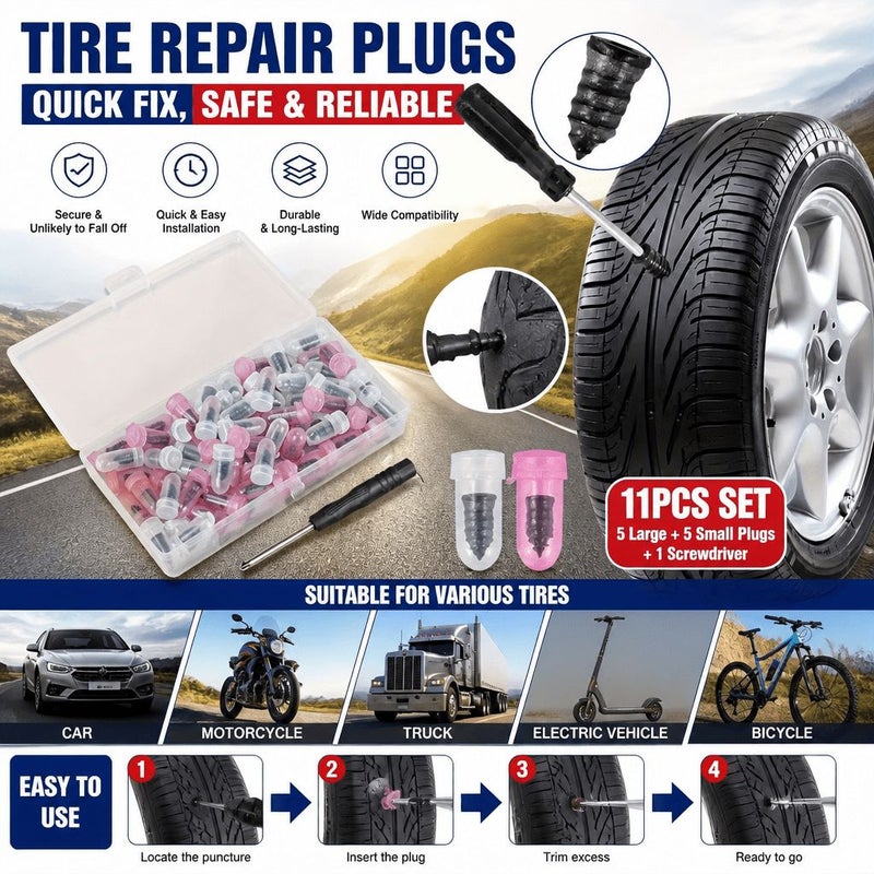 Quick Tire Repair Kit Rubber Plugs with Screwdriver for Tire Repair Compatible with Car Motorcycle Truck Electric Vehicle Scooter Bicycle Punctures - Image 2