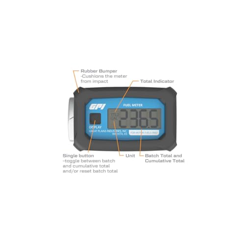 GPI عداد تدفق الوقود التوربيني من GPI 113255-1، 01A31GM من الألمنيوم مع شاشة LCD رقمية، 3-30 جالون في الدقيقة، مدخل/مخرج FNPT 1 بوصة، محولات مخفضة 0.75 بوصة، دقة ±5% - Image 5