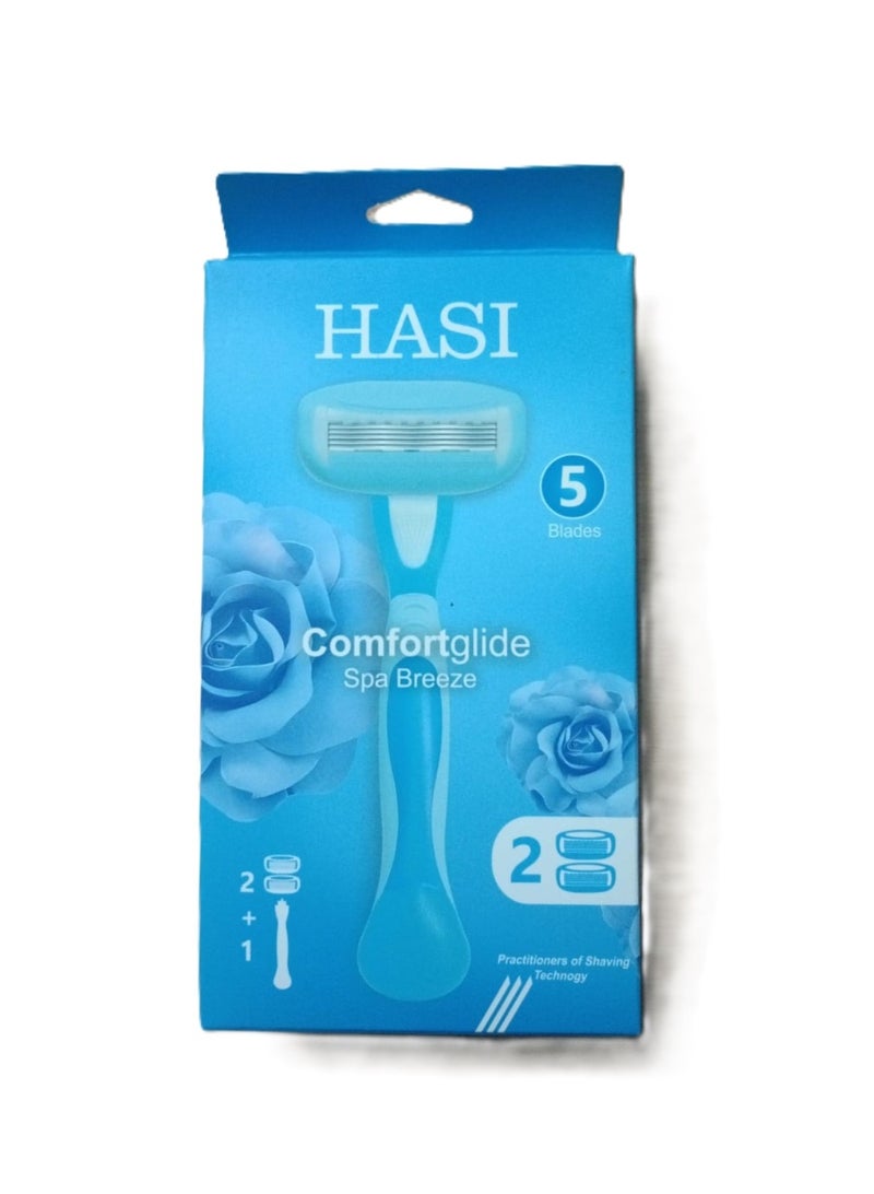 HASI Razor For Women, Pivoted Head, Comfortglide Spa Breeze, Five Blade, 1 Piece + 2 Blades