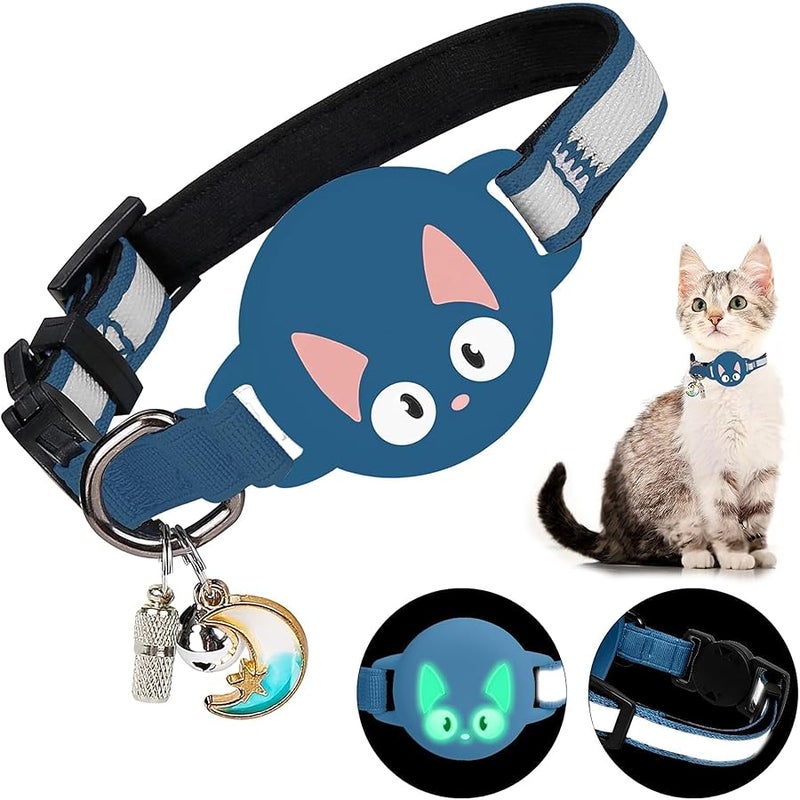 Woyinger Reflective Breakaway Cat Collars with Bells, Hidden GPS Tracker for Airtag Safety Buckle Kitten Collar, with Name Tag, Waterproof for AirTag Luminous Holder, Accessories, Stuff(Sapphire Blue) - Image 1