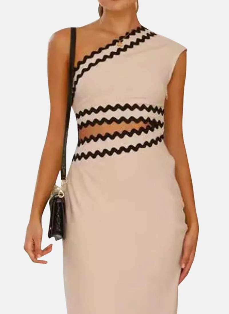 YUNIQEE Beige One Shoulder Chiffon Bodycon Midi Dress