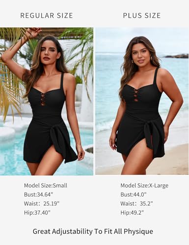 Zilcremo Swim Dress for Women Tummy Control One Piece Swimsuit Wrap Swimdress Square Neck Skirted Bathing Suit Swimwear Black L - Image 5