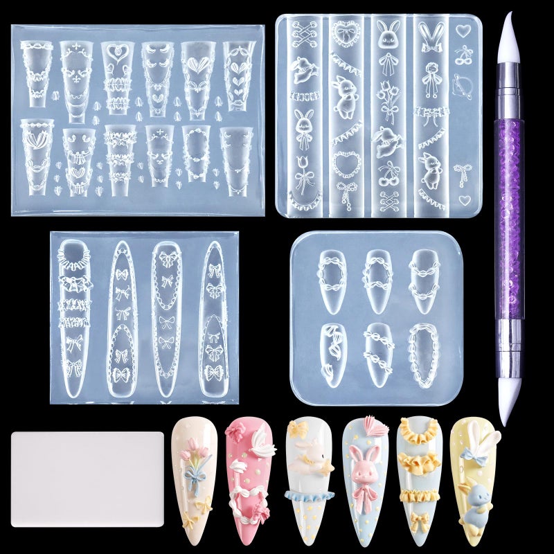 Laza 4pcs Cream Chain Silicone Nail Art Molds, 3D Multiple Shapes Embossed Cream Chain Bowknot Rabbit Charms Nail Accessories with Carving Pen Resin Nail Art Mold Manicure Tools for Manicure Design - Image 1
