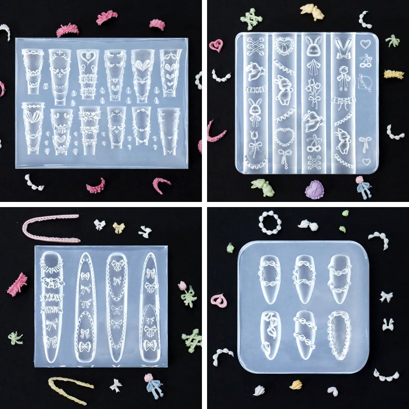 Laza 4pcs Cream Chain Silicone Nail Art Molds, 3D Multiple Shapes Embossed Cream Chain Bowknot Rabbit Charms Nail Accessories with Carving Pen Resin Nail Art Mold Manicure Tools for Manicure Design - Image 4