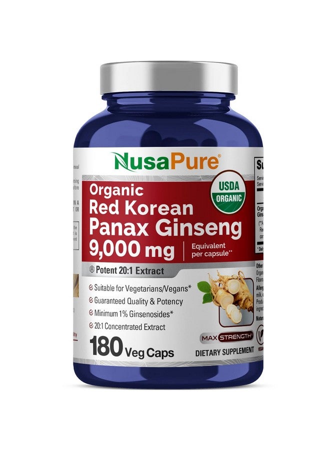 NusaPure Red Korean Panax Ginseng 9,000mg 180 Veggie Caps (USDA Organic, Non-GMO, Extract 20:1) - Image 1