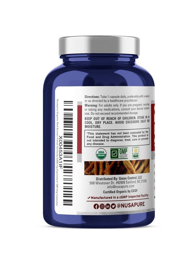 NusaPure Red Korean Panax Ginseng 9,000mg 180 Veggie Caps (USDA Organic, Non-GMO, Extract 20:1) - Image 3