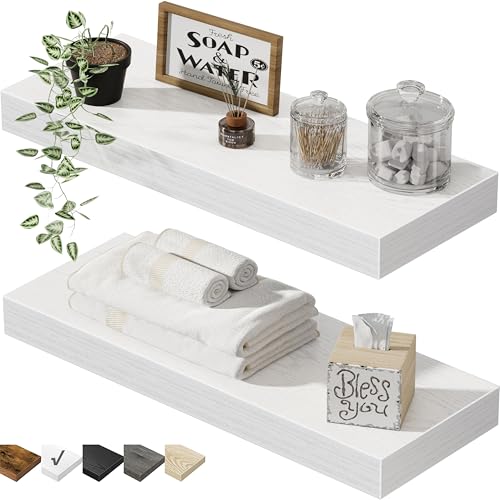 QEEIG Bathroom Floating Shelves for Wall - 15.7" Wall Mounted Shelf Over Toilet Farmhouse Home Decor Display Bookshelf Small 15.7 x 6.7 inch Set of 2, White (008-40W) - Image 1