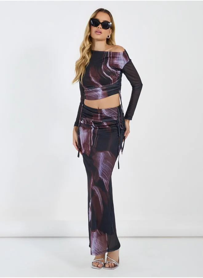 Styli Asymmetric Neck Ruched Crop Top & Maxi Skirt Co-Ords