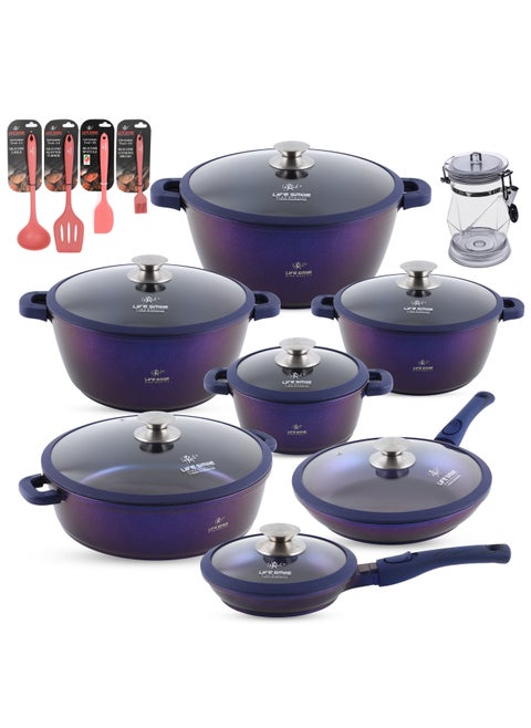31 Pcs Nonstick Cookware Set with 10X Tougher Coating Granite Cookwares, Quick Heat Distribution, Hot Plate, Halogen, Ceramic & Gas Compatible Pot &Pan Set – Includes 20 24cm Frypan, 20 24 28 32cm  Casseroles , 32cm Shallow Pot  & Silicone Utensils