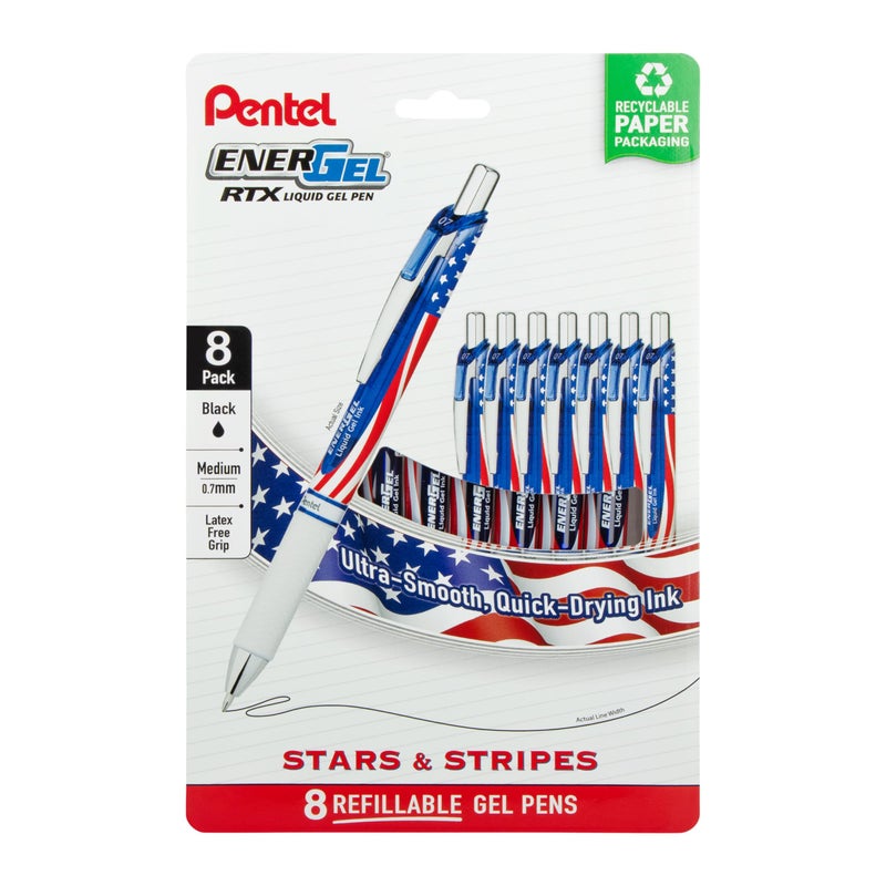 Pentel EnerGel RTX Retractable Liquid Gel Pen, Flag Barrel, (0.7mm) Metal Tip, Medium Line, Black Ink, Pack of 8 Pens - Image 1
