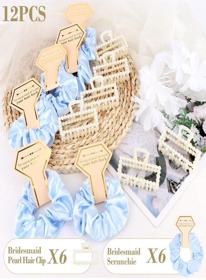 Uintoon Bridesmaid Proposal Gifts, 12 PCS Bridesmaids Silk Hair Scrunchies & Pearl Hair Clips Set for Women Girls Bachelorette Party Favors Bridal Shower Favors Bridesmaids Gifts for Wedding Day (Blue) - Image 2