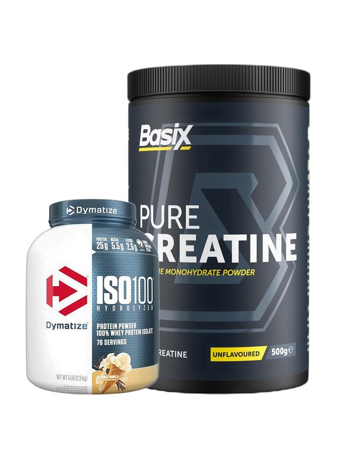 Dymatize عرض بوندي الحصري - ISO 100 فانيليا غنية 5 أرطال 76 حصة و Basix كرياتين نقي بدون نكهة 500 جرام - Image 1