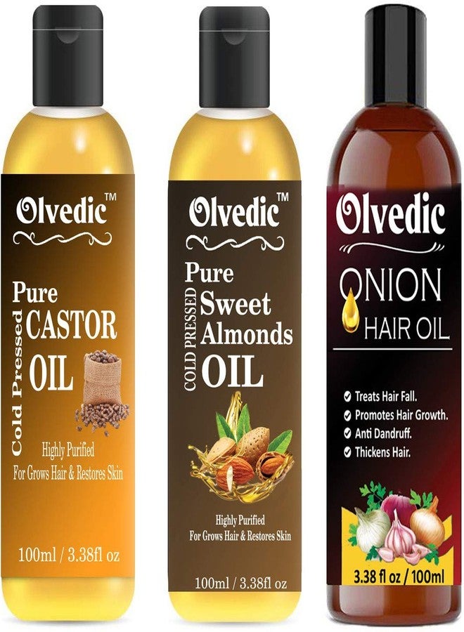 OLVEDIC 100% Pure & Natural Castor Oil, Sweet Almonds Oil & Onion Oil in Combo Pack of 3 (100 ml each) - Image 1