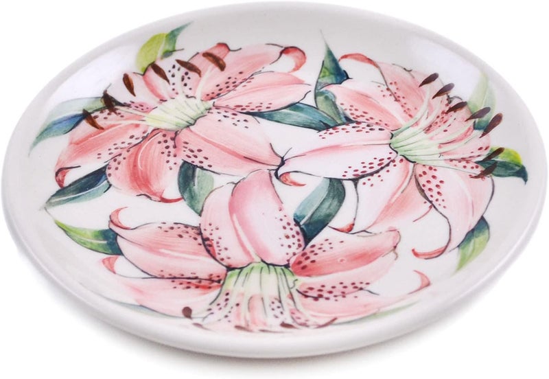 Polmedia Polish Pottery Polish Pottery 6inch Dessert Plate Pink Lily Theme Signature UNIKAT  Certificate of Authenticity  - Image 1