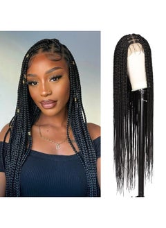 Kalyss 36 Box Braids Wigs Lace Front Braided Wigs With Baby Hair Square Knotless Braided Wig Black Embroidery Full Double Lace Braided Wigs For Black Women  - Image 1