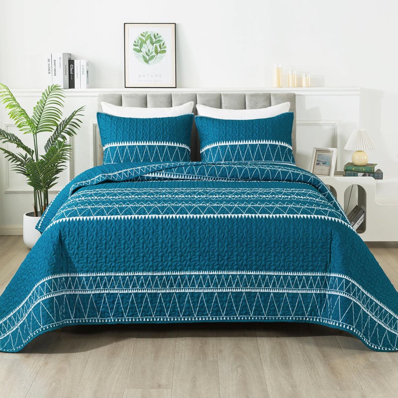 Andency Teal King Size Quilt Set, 3 Pieces Boho Lightweight Soft Striped Bedspread for All Season (106"x96"), Printed Bohemian Microfiber Reversible Coverlet Comforter Sets - Image 1