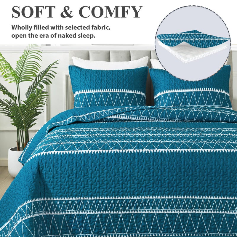 Andency Teal King Size Quilt Set, 3 Pieces Boho Lightweight Soft Striped Bedspread for All Season (106"x96"), Printed Bohemian Microfiber Reversible Coverlet Comforter Sets - Image 4