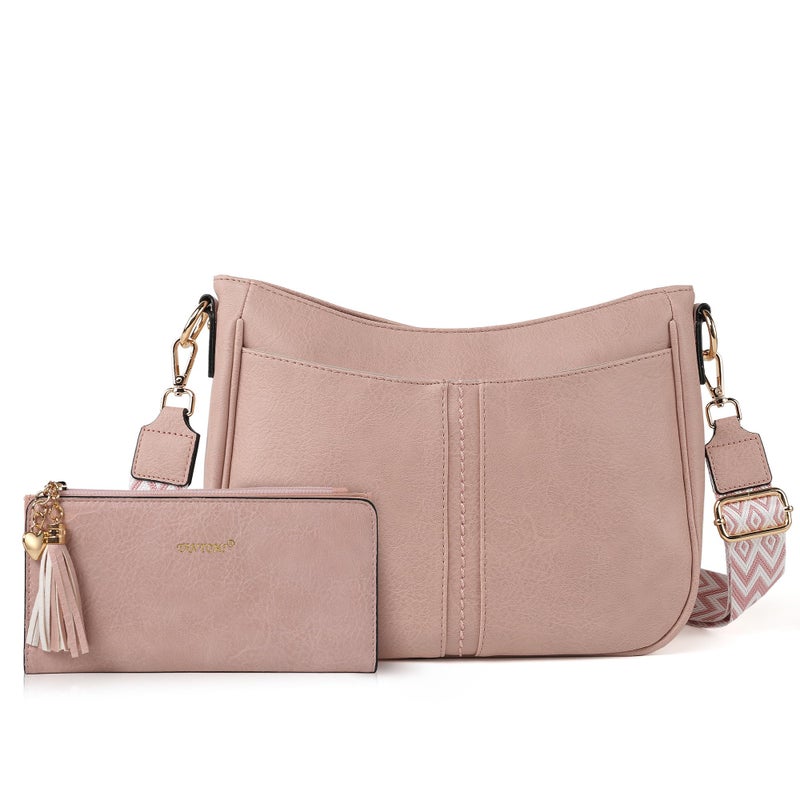 TANTOMI Crossbody Bags for Women Crossbody Purses and Wallet Pink Vegan Leather Women's Shoulder Handbag for Everyday 2 PCS Set - Image 1