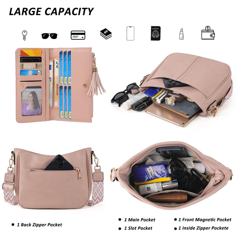 TANTOMI Crossbody Bags for Women Crossbody Purses and Wallet Pink Vegan Leather Women's Shoulder Handbag for Everyday 2 PCS Set - Image 5