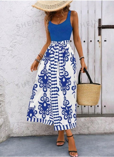 SHEIN LUNE Contrast Graphic Print Split Hem Wrap Dress