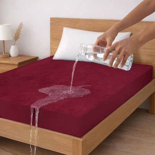 Sassoon Laika Diwan Bed Waterproof Mattress Protector 48x72 inch (4x6 Feet) | Pack of 1, Maroon Single Bed | Elastic Fitted Cotton Feel Terry Ultra Soft Breathable Hypoallergenic Mattress Cover - Image 1
