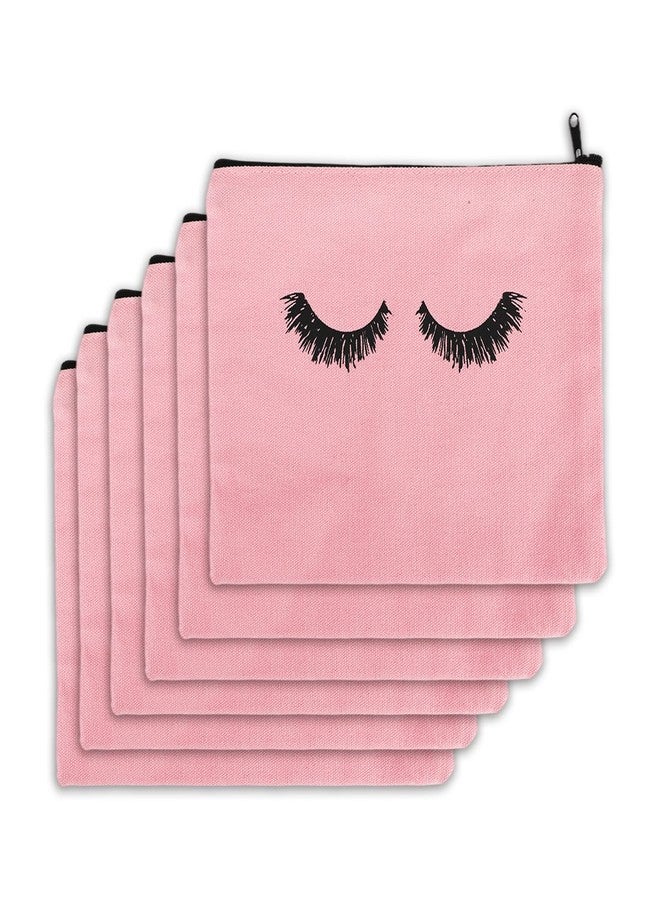 PHOGARY 6PCS Canvas Makeup Pouch, Cosmetic Bag Bulk Travel Make Up Pouch Toiletry Case with Zippered Pocket for Women (Eyelash Pattern) Pink - Image 1