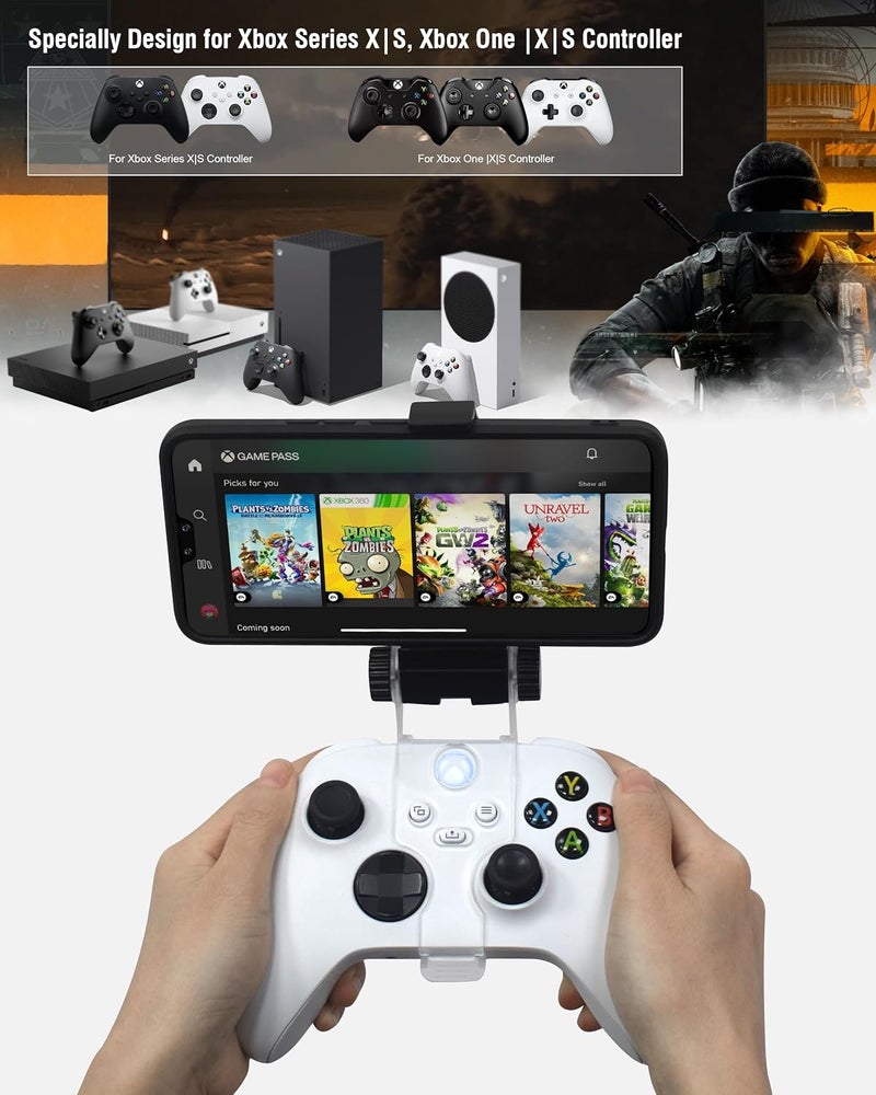 Joso Xbox Series Phone Mount, Controller Mobile Gaming Clip Holder Clamp for Xbox Series X/S, XSX, XSS, Xbox One, Xbox One S/X, Support Android，iPhone System with One Cast APP with 2 Thumb Grip Caps - Image 2