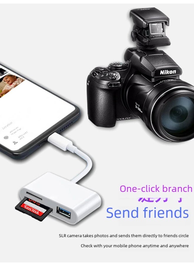 Multi-function Type-c Android Otg Adapter Usb 15 Three-in-one Sd/tf Card/u-disk Compatible Memory Card Reader-Color:White Type-c+apple+usb  Pearlescent Bag Packaging