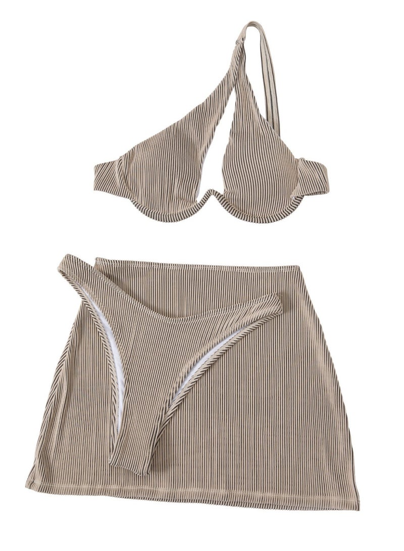 Women's 3-Piece Ribbed Swimsuit Set, Khaki Striped One-Shoulder Underwired Bikini with Bodycon Cover-Up Skirt - Image 3