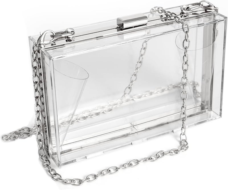 WJCD Women Clear Purse Acrylic Box Clutch Handbag, Small Transparent Crossbody Evening Bag Stadium Approved Gold Chain Strap - Image 1