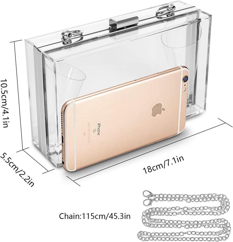 WJCD Women Clear Purse Acrylic Box Clutch Handbag, Small Transparent Crossbody Evening Bag Stadium Approved Gold Chain Strap - Image 2