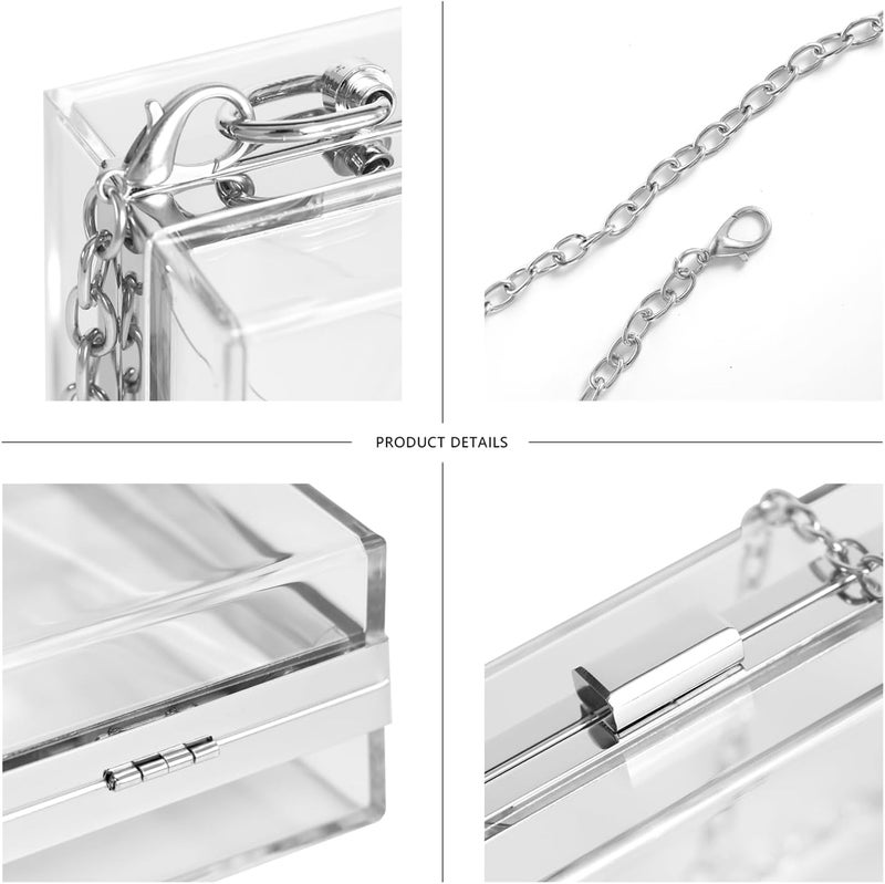 WJCD Women Clear Purse Acrylic Box Clutch Handbag, Small Transparent Crossbody Evening Bag Stadium Approved Gold Chain Strap - Image 3