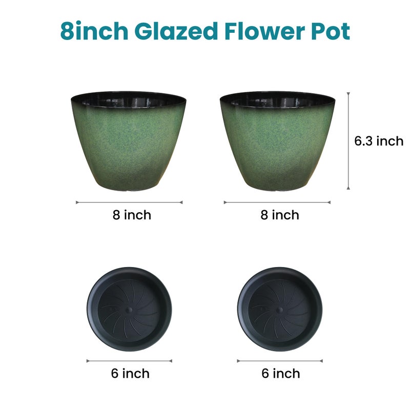 Vanslogreen 2 Pack Plant Pots for Indoor Outdoor Plants, 8 inch Plastic Flower Pots, Glazed Planter for Aloe, Herbs, Cactus (Green, 2pcs) - Image 2