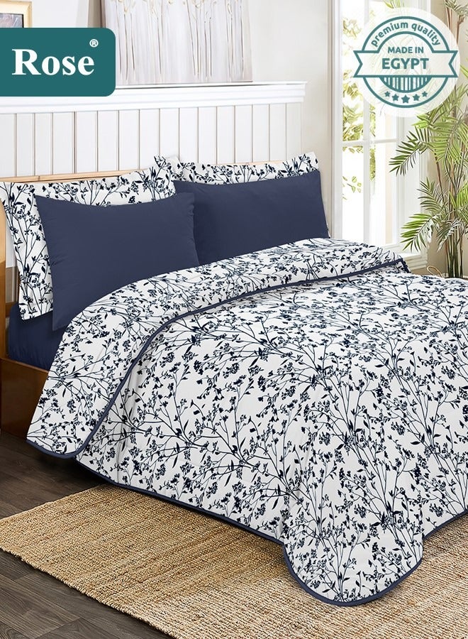Rose Floral Comforter Set, High Quality Microfiber, 6 Pieces, Fits 200x200 cm Double Size Bed, Soft Cooling Breathable, Stylish Printed Elegance, King Size Comforter, Dark Blue Leafs - Image 1
