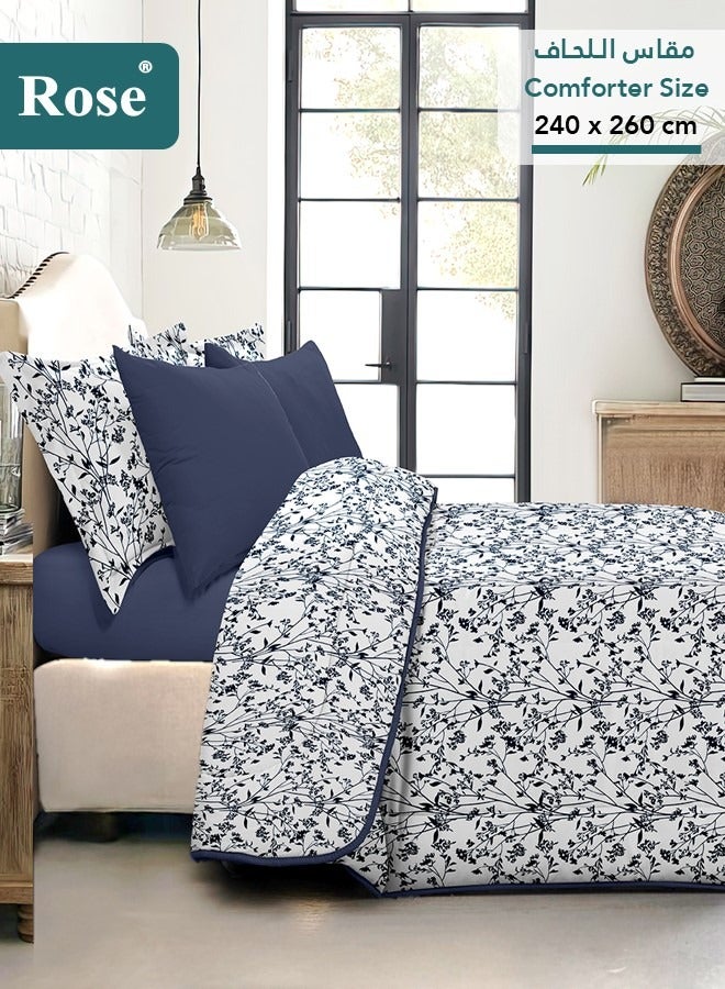 Rose Floral Comforter Set, High Quality Microfiber, 6 Pieces, Fits 200x200 cm Double Size Bed, Soft Cooling Breathable, Stylish Printed Elegance, King Size Comforter, Dark Blue Leafs - Image 3