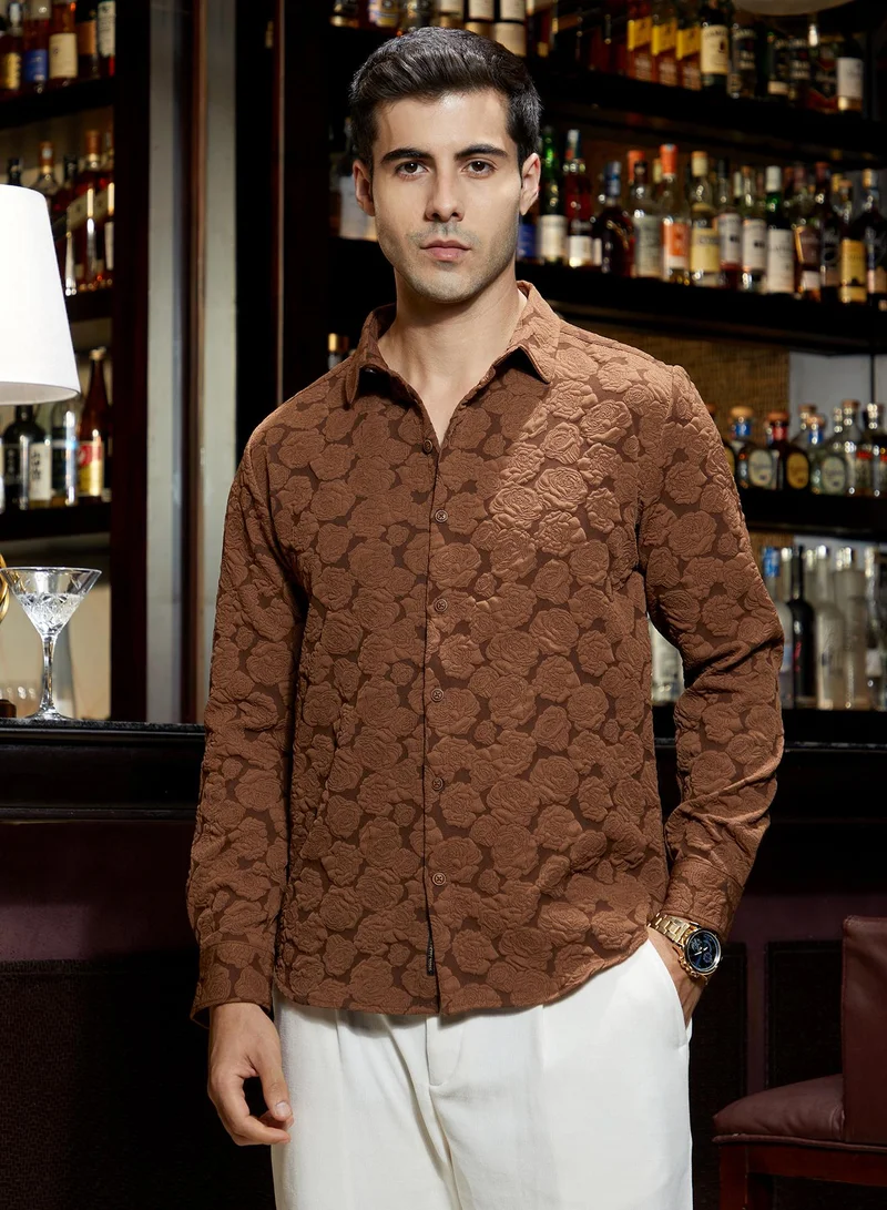 Campus Sutra Men's Chocolate Brown Rose-Tactile Shirt For Casual Wear | Spread Collar | Long Cuffed Sleeves | Button Closure | Shirt Crafted With Comfort Fit For Everyday Wear