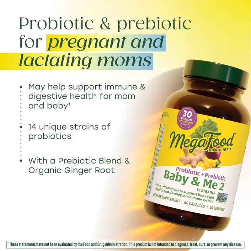 MegaFood Baby & Me 2 Prenatal Probiotic + Prebiotic - 30 Billion CFU - Vegan - 60 Capsules - Image 3