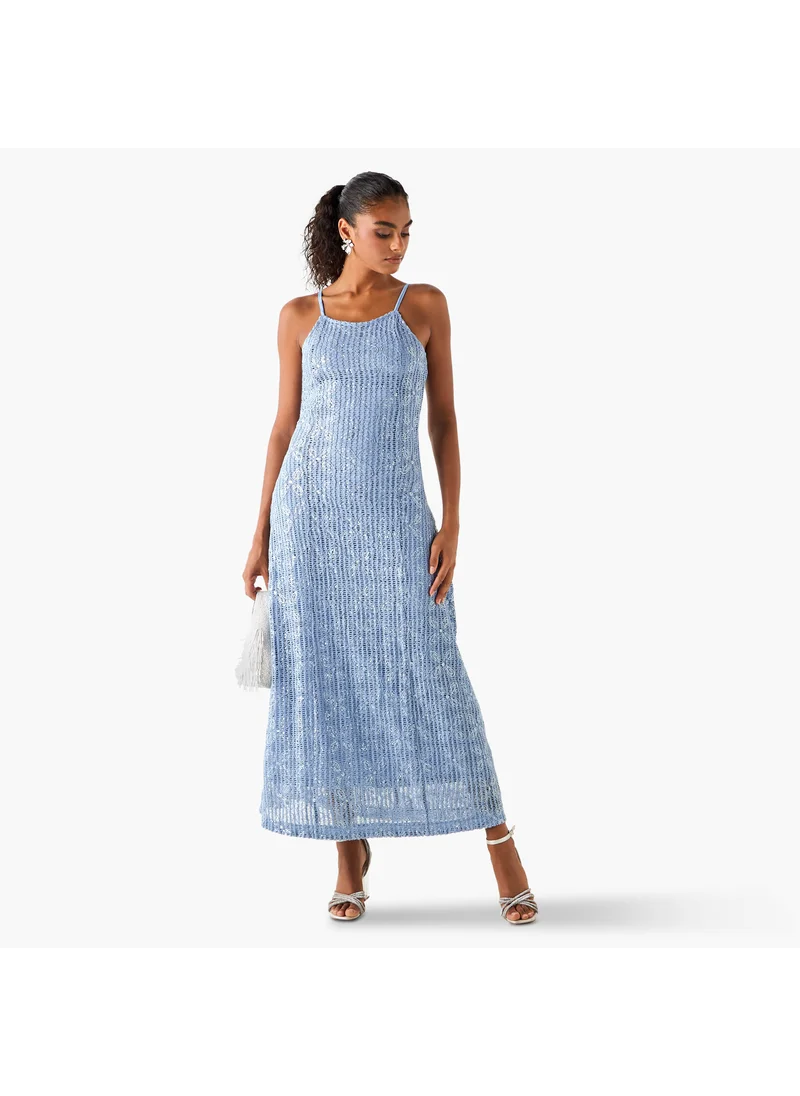 Iconic Iconic Sequin Embellished Crochet Dress with Spaghetti Straps