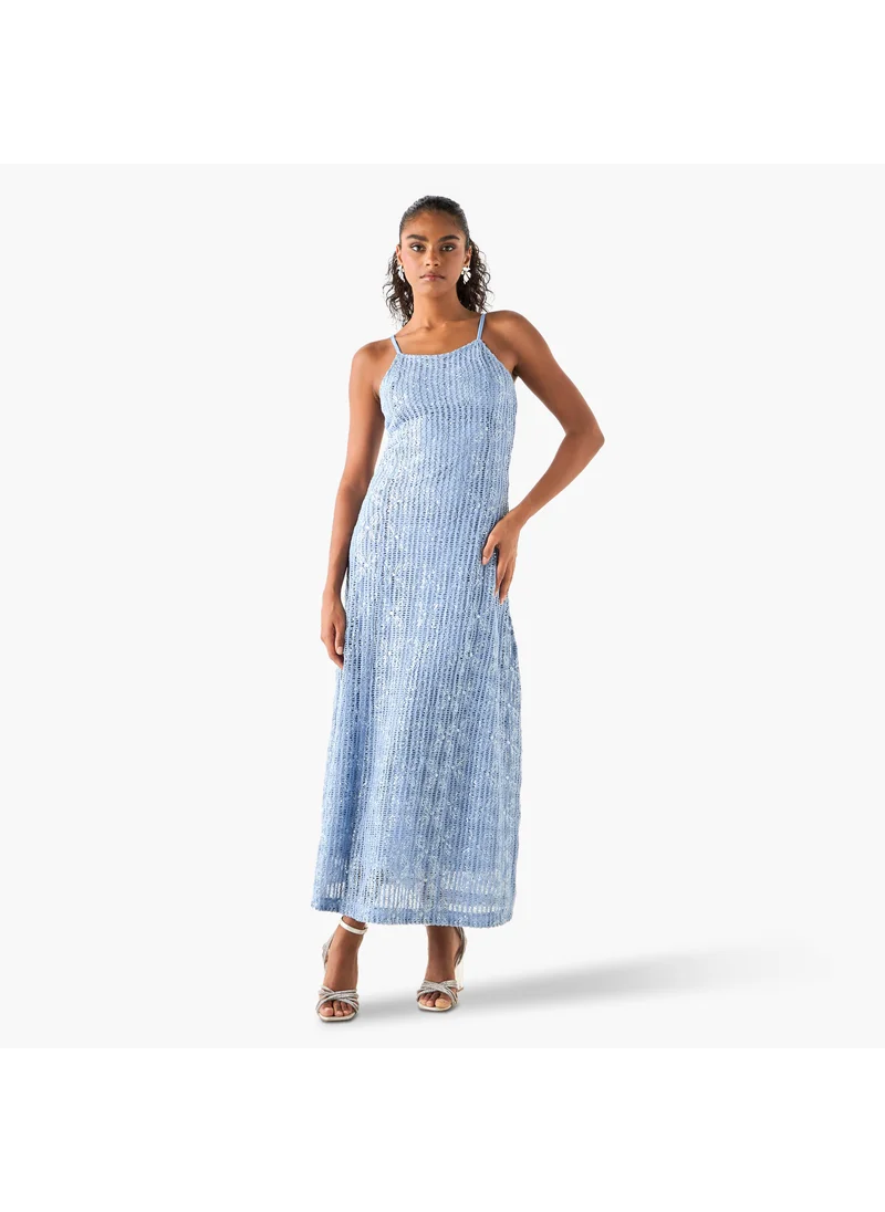 Iconic Iconic Sequin Embellished Crochet Dress with Spaghetti Straps