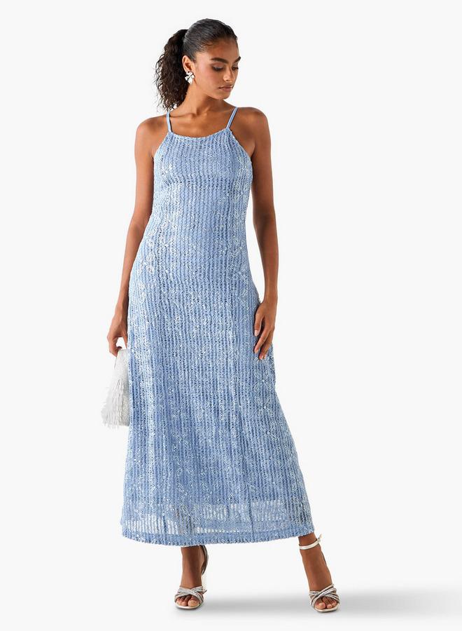 Iconic Sequin Embellished Crochet Dress with Spaghetti Straps - Image 2