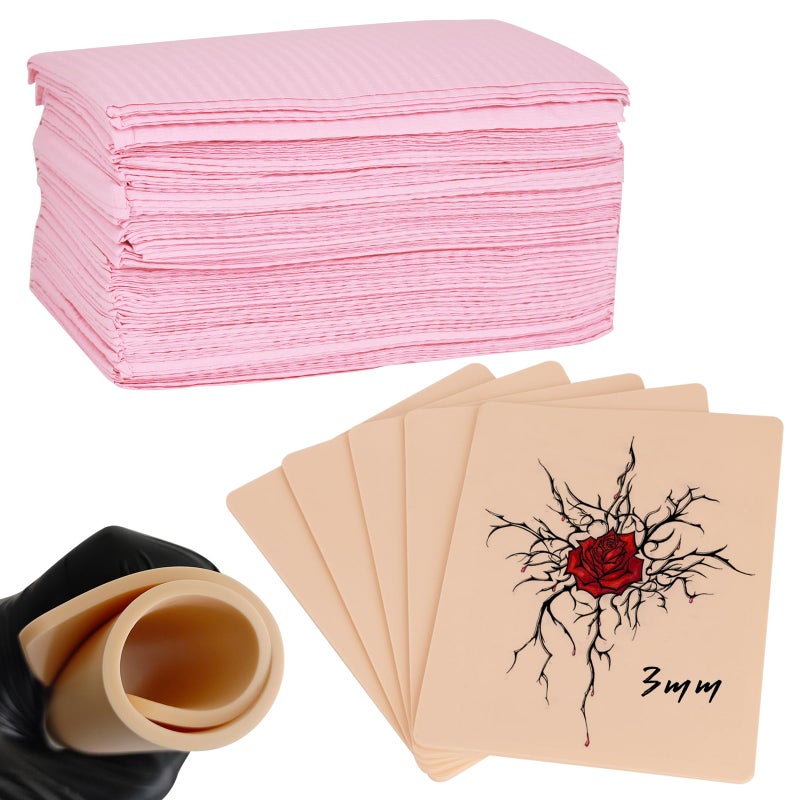 WZPB Tattoo Practice Skin with Dental Bibs - 5Pcs Fake Skin 3MM with 50Pcs Disposable Dental Bibs 13"*18" Pink for Nail Salon, Dental Clinic, Tattoo Shop, Beginners and Artists - Image 1