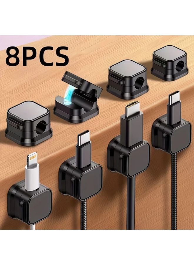 Black 8pcs Magnetic Cable Organizer Clips Self Adhesive Desk Cord Holders - Image 1