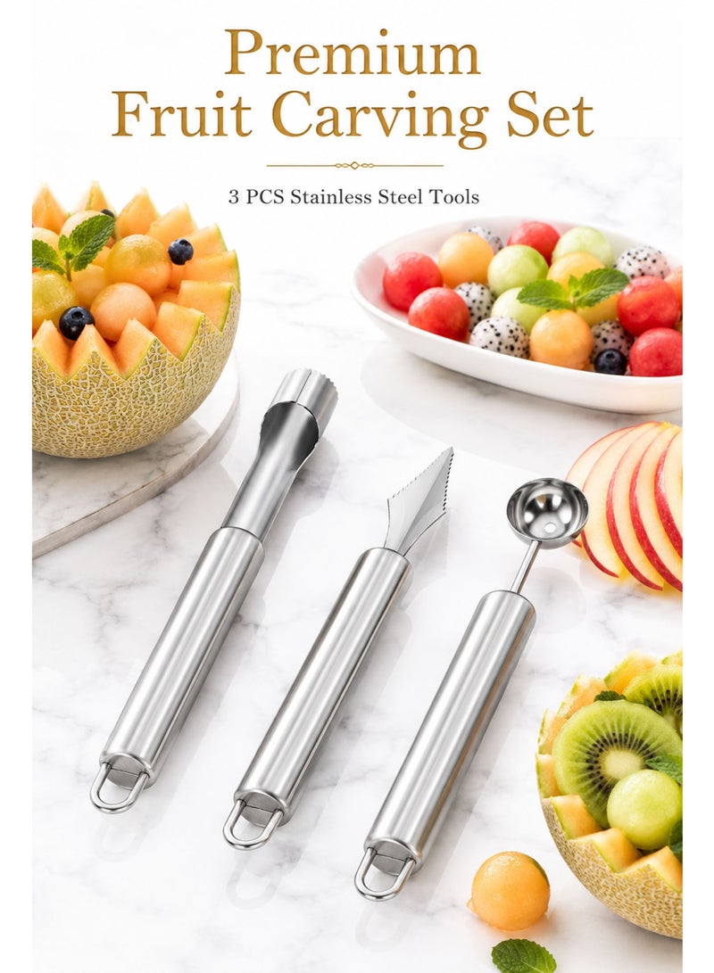 3-Piece Stainless Steel Fruit Carving Tool Set, Melon Baller, Fruit Carving Knife & Core Remover, Multipurpose Fruit & Vegetable Decorating Kit - Image 5