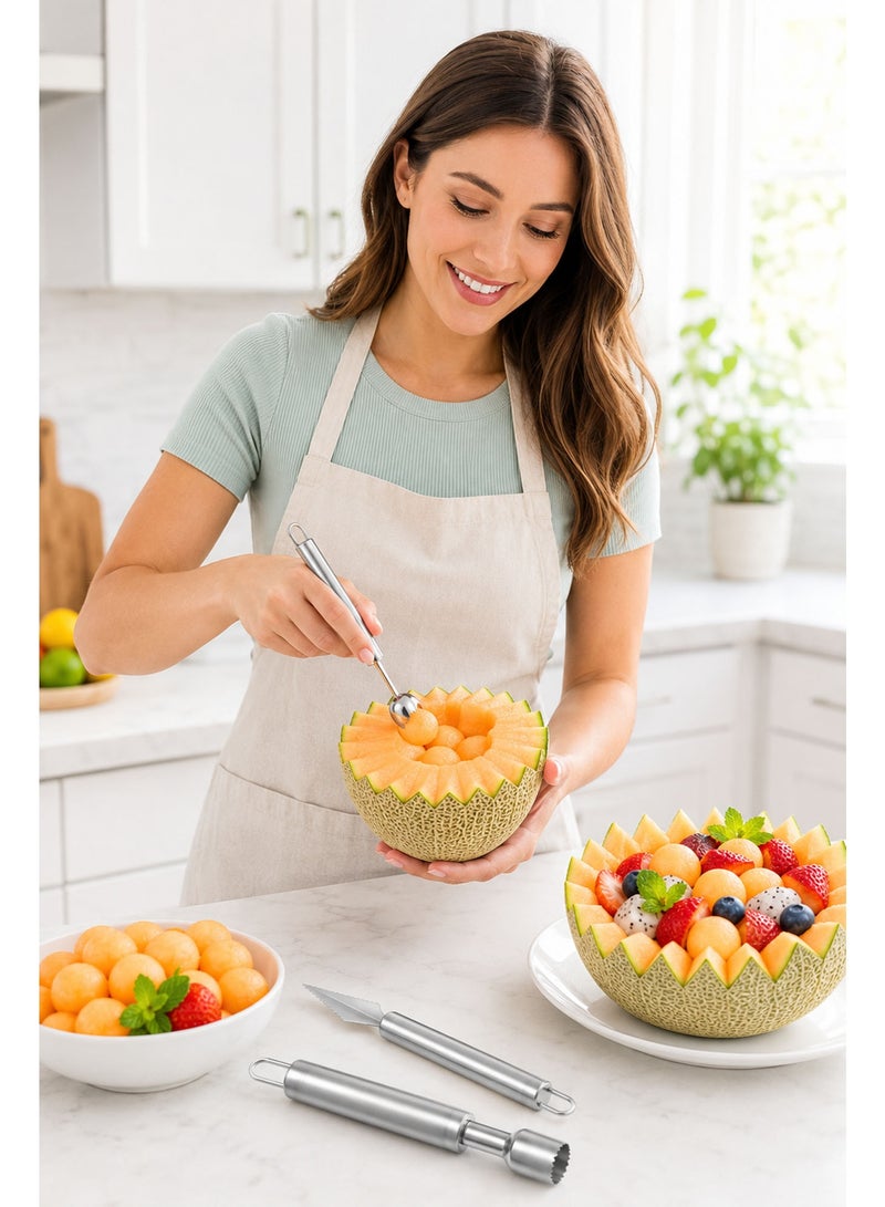 3-Piece Stainless Steel Fruit Carving Tool Set, Melon Baller, Fruit Carving Knife & Core Remover, Multipurpose Fruit & Vegetable Decorating Kit - Image 4