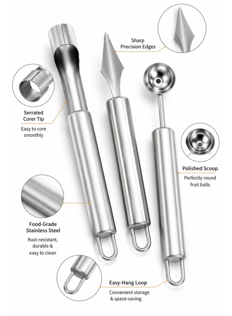 3-Piece Stainless Steel Fruit Carving Tool Set, Melon Baller, Fruit Carving Knife & Core Remover, Multipurpose Fruit & Vegetable Decorating Kit - Image 2