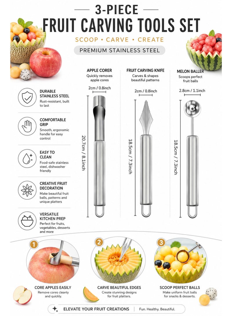 3-Piece Stainless Steel Fruit Carving Tool Set, Melon Baller, Fruit Carving Knife & Core Remover, Multipurpose Fruit & Vegetable Decorating Kit - Image 3