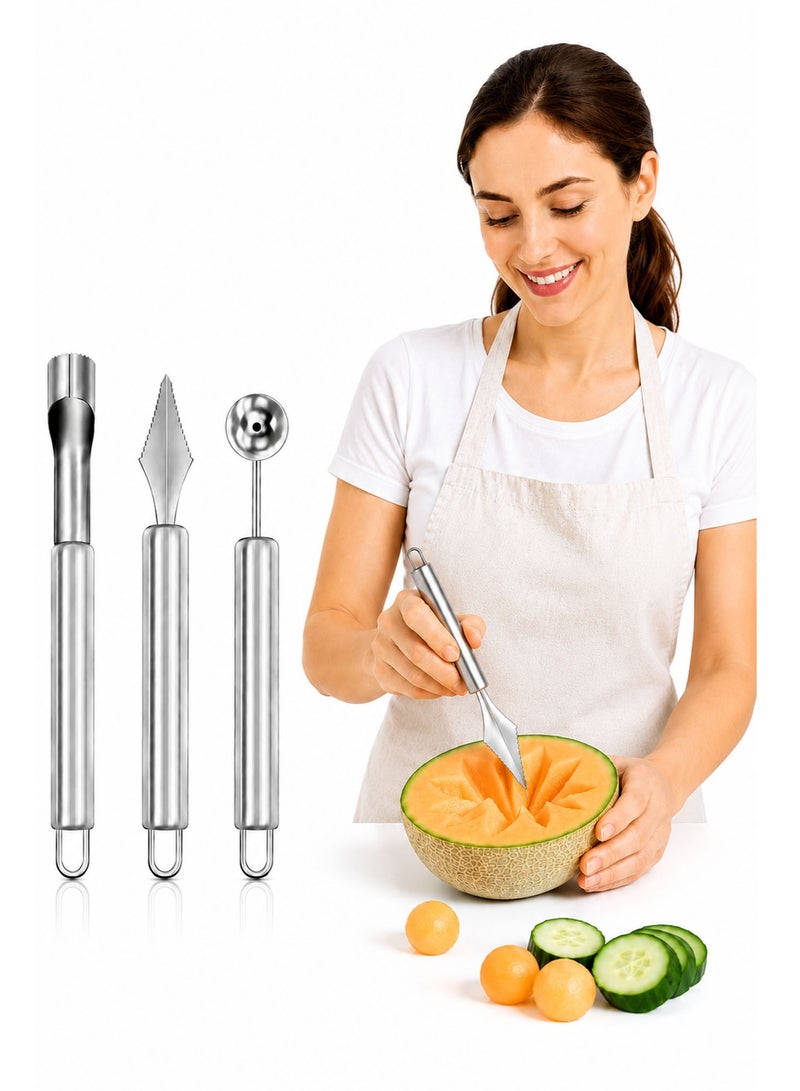 3-Piece Stainless Steel Fruit Carving Tool Set, Melon Baller, Fruit Carving Knife & Core Remover, Multipurpose Fruit & Vegetable Decorating Kit - Image 1