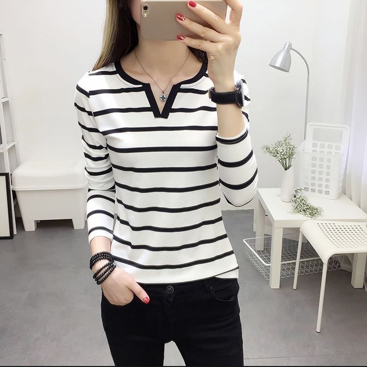 2025 Autumn New Korean Style Slim Fit Striped V-Neck Long Sleeve T-Shirt For Female Students, Base Shirt, Trendy On Instagram - Image 4