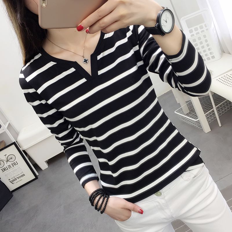 2025 Autumn New Korean Style Slim Fit Striped V-Neck Long Sleeve T-Shirt For Female Students, Base Shirt, Trendy On Instagram - Image 2