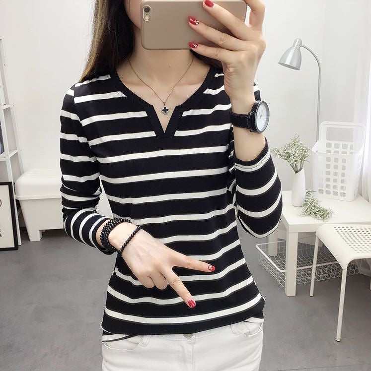 2025 Autumn New Korean Style Slim Fit Striped V-Neck Long Sleeve T-Shirt For Female Students, Base Shirt, Trendy On Instagram - Image 1